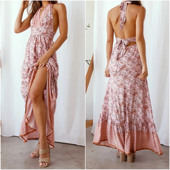 Dresses & Skirts - Boho Floral Print halter Ruffle Maxi Dress